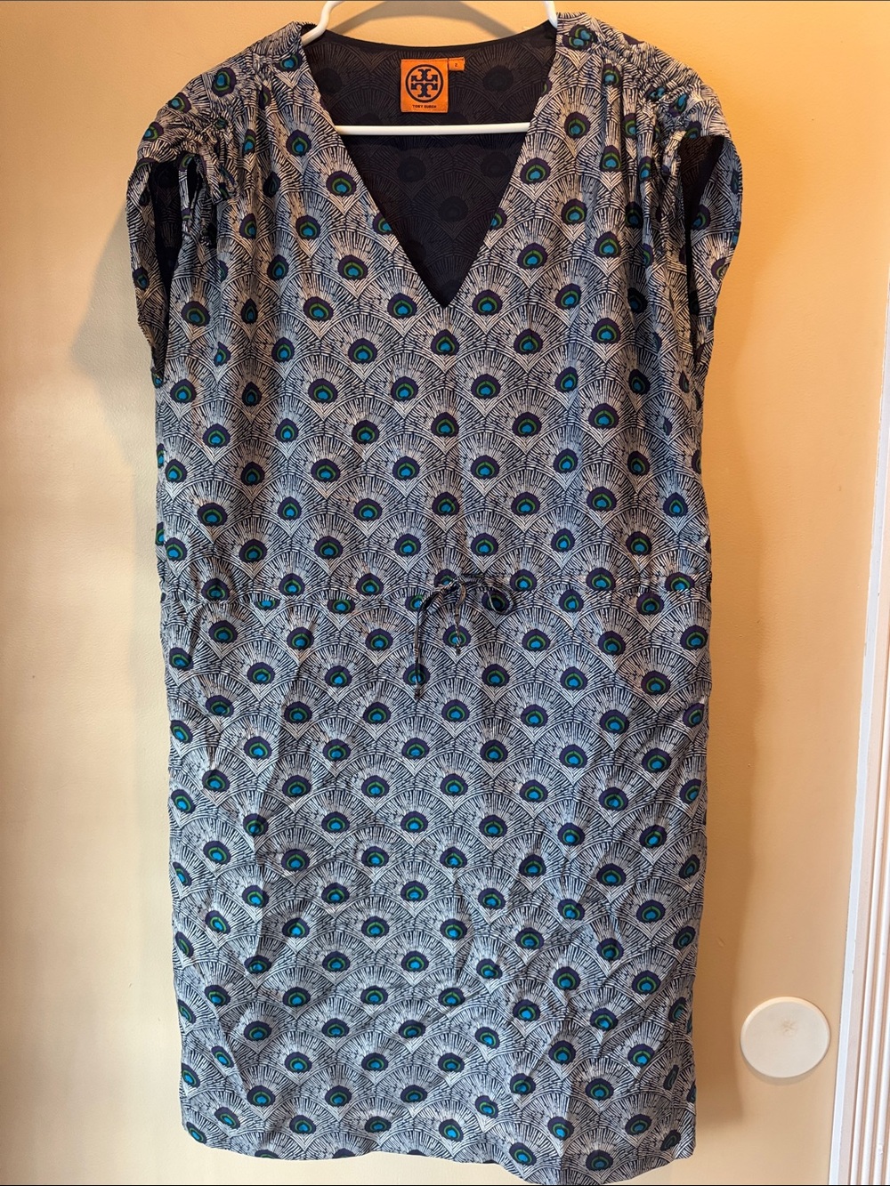 Tory Burch 100% Silk Teal and Navy Peacock-Print V-Neck Dress